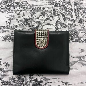 Vintage Christian Dior Black Leather Bifold Wallet Houndstooth